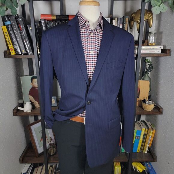 Banana Republic Mens Sport Coat Navy Striped Marzotto 130s Size 44L Standard Fit